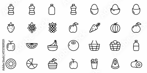 Fresh produce icons showcase healthy eating with fruits and vegetables, perfect for nutrition guides, recipe books, and wellness blogs, a modern food design