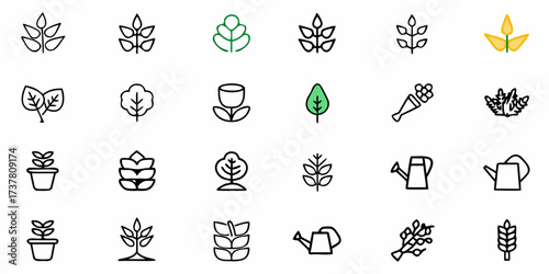 Delightful garden icons showcasing plants, watering cans, and floral designs, perfect for spring projects and nature-themed graphics with a charming, hand-drawn feel
