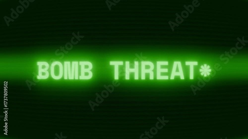 Old green CRT screen showing text BOMB THREAT! appearing in random glitch and coding style