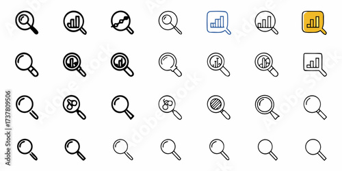 Explore data insights using magnifying glass icons for market research, investment analysis and finding growth opportunities in a transparent design