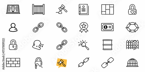 Versatile icon set brimming with legal, security, and construction themes perfect for infographics, app design, and website assets, offering a modern and clean look