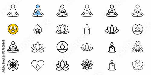 Find inner peace and tranquility with these yoga and meditation icons representing mindfulness, relaxation, and spiritual wellness for your next project