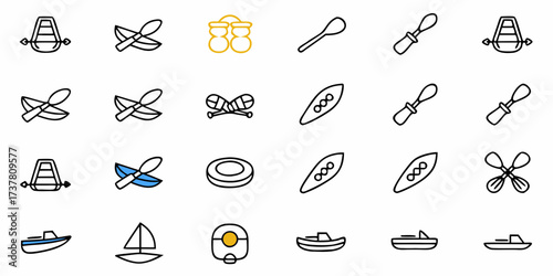Explore outdoor adventures with boating and watersport icons, perfect for travel and recreation designs, featuring kayaks, boats, canoes, and paddles for summer fun