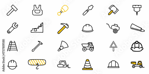 Construction tools and equipment icons showcasing the essential elements for building and repair projects, suitable for safety campaigns and DIY guides