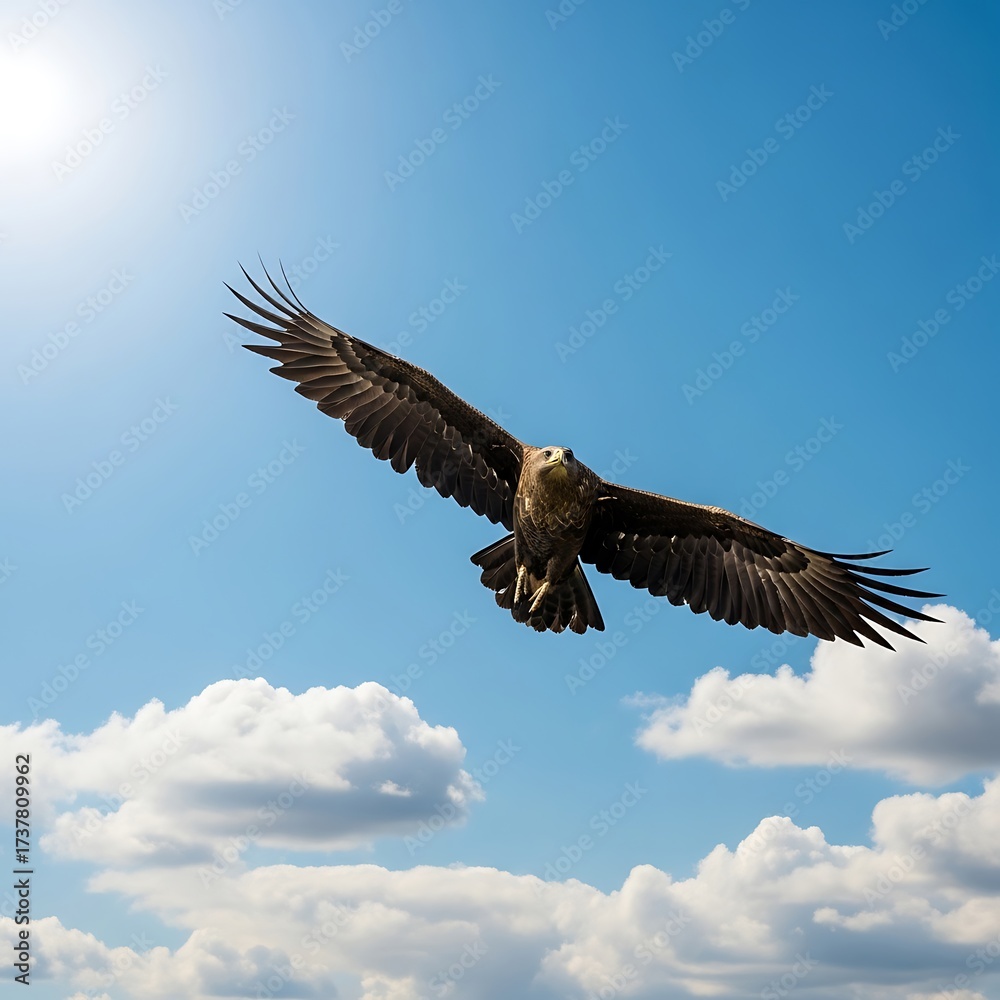 Fototapeta premium Eagle soaring high in a bright blue sky with clouds.