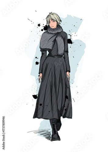 Professional fashion illustration flat sketch. A drawing of a woman walking down the runway in fashionable clothing. Perfect for fashion design presentations, clothing manufacturing, lookbooks, and br