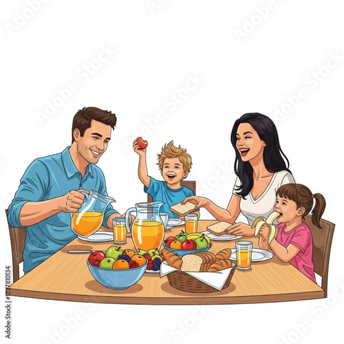 "Happy Family Having Breakfast Together Vector Illustration"