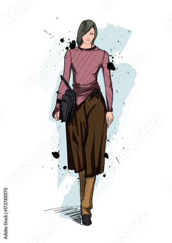 Professional fashion illustration flat sketch. A drawing of a woman walking down the runway in fashionable clothing. Perfect for fashion design presentations, clothing manufacturing, lookbooks, and br