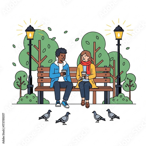 Pasangan Duduk di Bangku Taman - Couple Sitting on Park Bench Drinking Coffee Vector Illustration"
