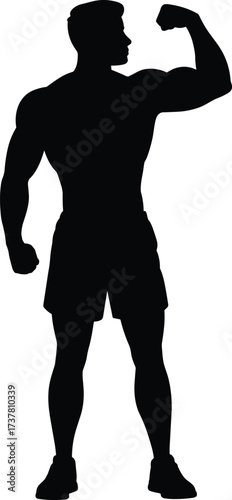 Silhouette of muscular man flexing biceps, fitness strength, bodybuilding, athlete training, gym workout, power, health, exercise, strong male body