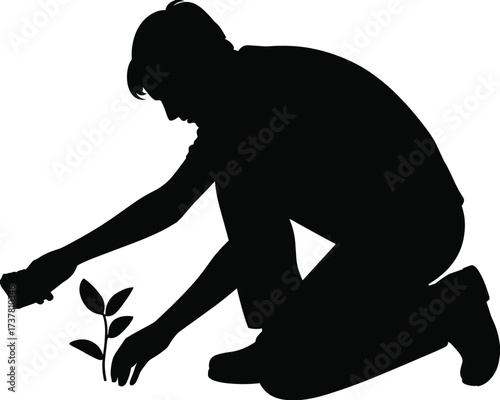 Silhouette of person planting small tree, environmental care illustration, nature conservation, eco-friendly lifestyle, gardening, sustainability, green earth, environmental protection concept