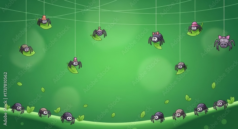 Fototapeta premium Cartoon Spiders And Green Background - Cartoon spiders hanging on green leaves in a decorative background