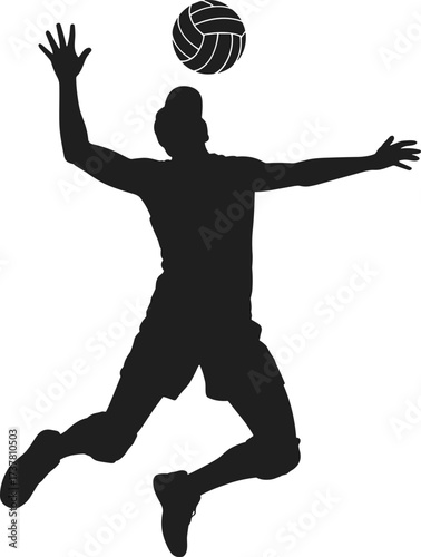 Silhouette of volleyball player jumping for powerful serve, competitive sports action, athletic performance, fitness training, outdoor game, teamwork, professional volleyball illustration