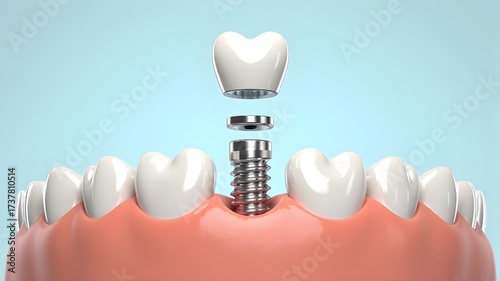 3D Render of Dental Implant Procedure Showing Fixture, Abutment, and Crown in Lower Jaw