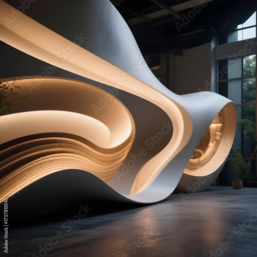 Futuristic Architectural Interior Design with Organic Curves and Warm Lighting