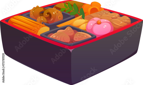 Cartoon Japanese bento box filled with assorted traditional dishes, including vegetables, fish, sweets, and rolls. Vector vibrant, neatly arranged food meal in a black and red lacquered container