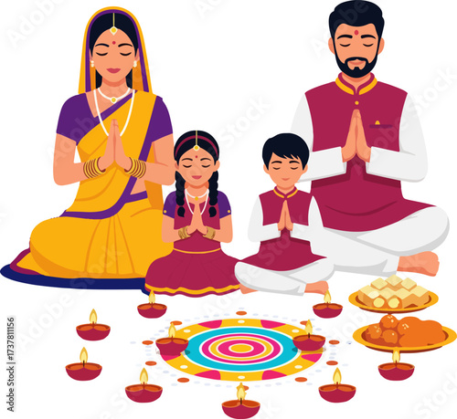 illustration of an Indian family in traditional dress praying together Happy Diwali