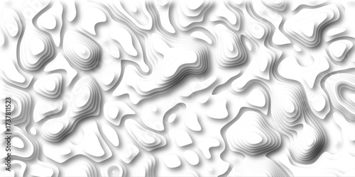 Abstract topographic map contour lines creating a layered white relief pattern with soft shadows and depth for modern backgrounds and design concepts