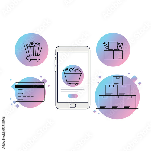 Modern illustration of online shopping with smartphone credit card cart and delivery boxes symbolizing e commerce payment and fast shipping service