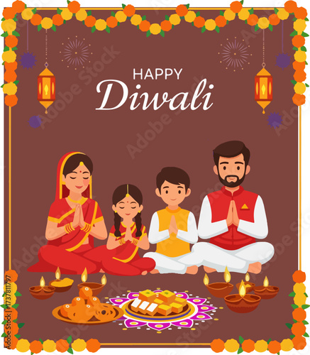 illustration of an Indian family in traditional dress praying together Happy Diwali