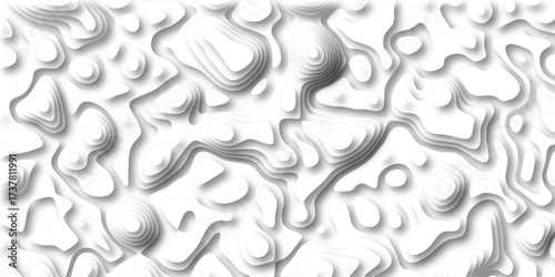 Organic topographic contour lines forming a white relief pattern with subtle shadows and depth, ideal for abstract backgrounds and modern graphic design elements