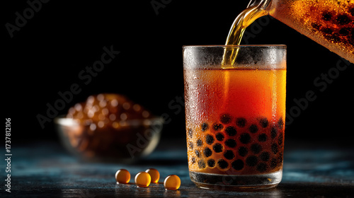 Golden tropical juice pouring into translucent cup with splash and droplets mid-air, warm light accentuation and glossy texture