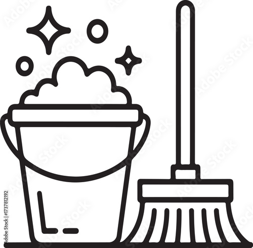 Clean Bucket and Broom Vector Icon – Minimalist Line Art with Soap Suds and Sparkle