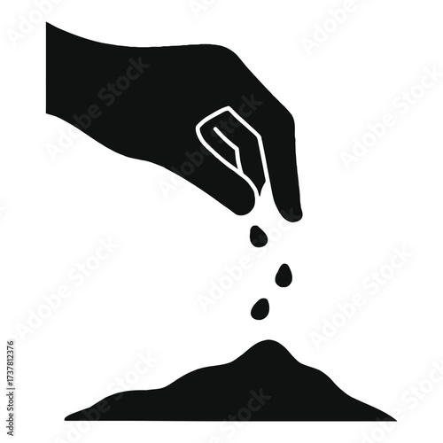 Silhouette of hand sowing seeds into soil, isolated on white background. Ideal for agriculture, growth, farming, and eco concepts.