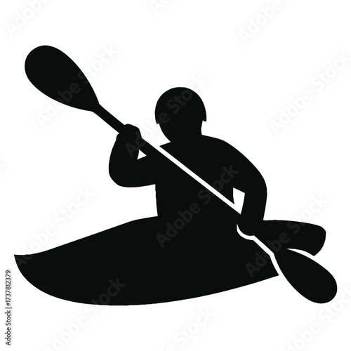 Dynamic silhouette of kayaker paddling on white background. Ideal for adventure, water sports, outdoor activity, and vector design projects.