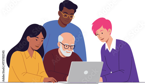 Diverse group of people from different generations collaborating together on laptop for teamwork, learning, and creative project