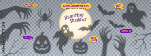 Halloween shadow overlay ghost, zombie and witch hands, bat, pumpkin and spider with vector speech bubbles. Scary transparent shadows of Halloween holiday horror monster silhouettes, overlay effect