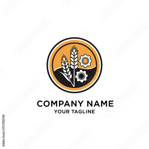 Agribusiness Logo Design with Wheat and Gears, Emphasizing Farming and Industrial Synergy, Company Branding with Tagline Placeholder on White, Flat Vector Elements, Vector Illustration, Simple