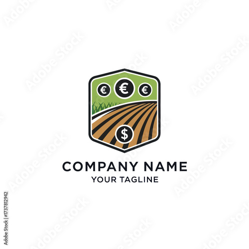 Modern Hexagonal Agriculture Finance Logo with Farm Field, Grass, Euro and Dollar Symbols, for Company Branding, Isolated on White Background, Flat Vector Elements, Vector Illustration, Simple
