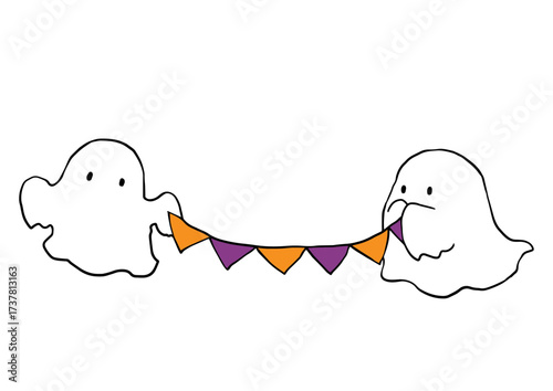 ハロウィンカラーのガーランドを持つオバケ