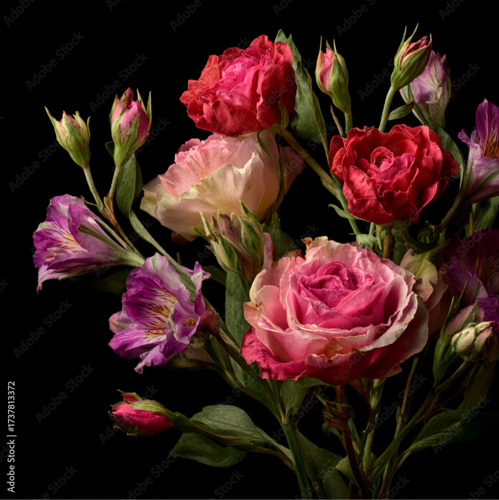 Fototapeta premium roses lysianthum flowers only buds, in bloom, black background