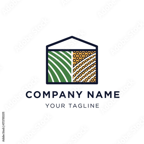 Modern Abstract Farm Logo: Stylized House with Green Field Stripes and Golden Grain Patterns for Agricultural Business Branding on White Background., Flat Vector Elements, Vector Illustration, Simple