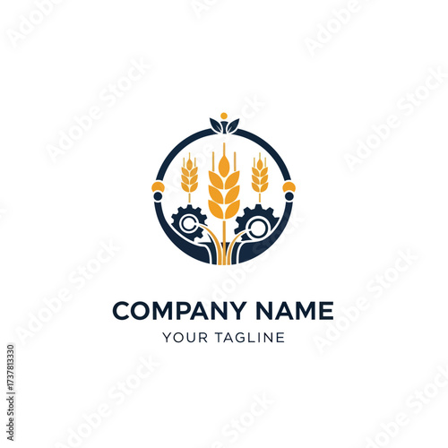 Modern Agriculture and Technology Logo Design with Wheat, Gears, and Circular Motif on White Background for Branding, Flat Vector Elements, Vector Illustration, Simple Vector, Stylized Vector