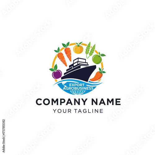 Export Agribusiness Logo Design with Cargo Ship, Global Map, and Diverse Fresh Produce like Carrots, Plum, and Grains, Symbolizing International Trade and Agricultural Logistics, Flat Vector
