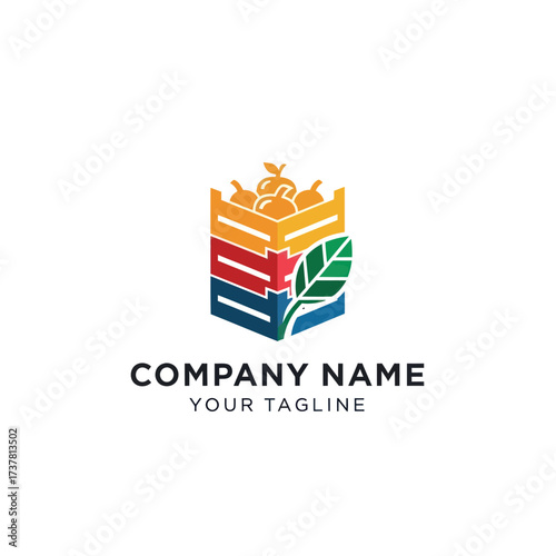 Modern geometric logo featuring a colorful stacked crate filled with fresh fruits and a large green leaf, representing a food, farm, or produce company, with placeholder text 'COMPANY NAME YOUR