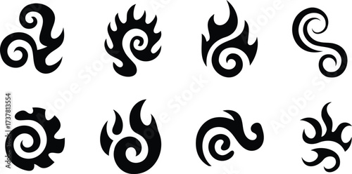 Collection of swirl shaped abstract designs in black and white style