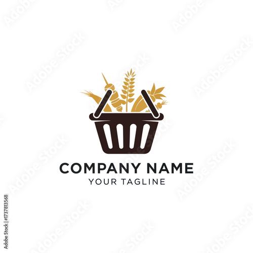 Modern minimalist grocery shopping basket logo with golden grains and farm produce, ideal for food delivery, retail, and agriculture branding on a white isolated background., Flat Vector Elements,