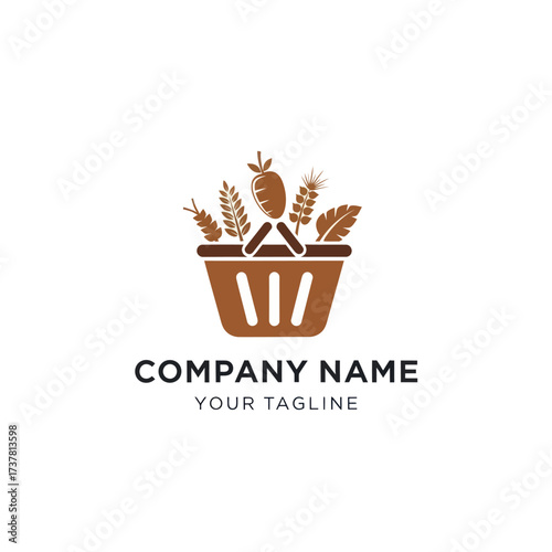 Agricultural Produce Basket Logo Design with Wheat and Carrot, Ideal for Farmers Markets, Grocery Stores, or Organic Food Brands on a White Background, Flat Vector Elements, Vector Illustration,