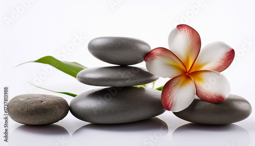 Pile Of Wellness Stones With A Blossom On A White Background