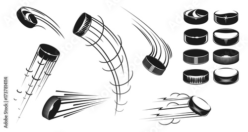 Ice hockey puck motion with dynamic streak effects, speed lines, rotations and energy trails, emphasizing sports, fast paced action and competition. Vector set of moving black and white hockey pucks