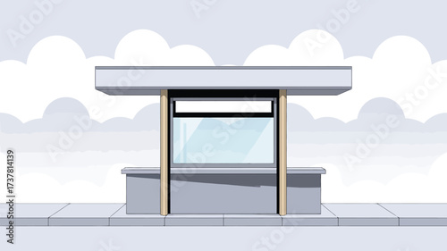 A simple cartoon illustration of a bus stop with a bench and clouds in the background in daylight