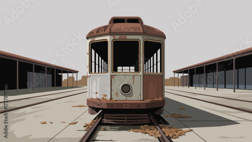 A front view of a rusty old trolley car on tracks with platforms on either side in an illustration