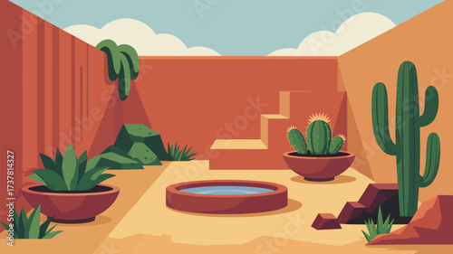 Illustration of a desert courtyard with cacti, a small pool, and steps leading to a higher level