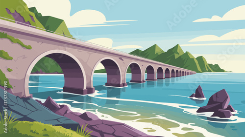 A long arched bridge stretches across the water near green mountains under a bright cloudy sky day view