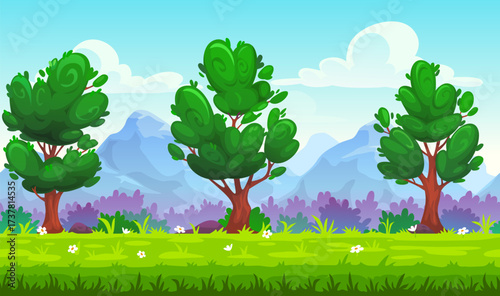 Forest and mountains game landscape background. Cartoon vector natural environment landscape featuring lush green trees, grassy terrain, wildflowers, soft purple bushes and blue rocks under clear sky