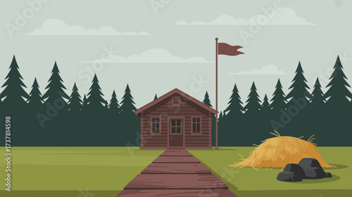 A cartoon illustration of a log cabin with a flag and hay bale in a forest setting on a cloudy day